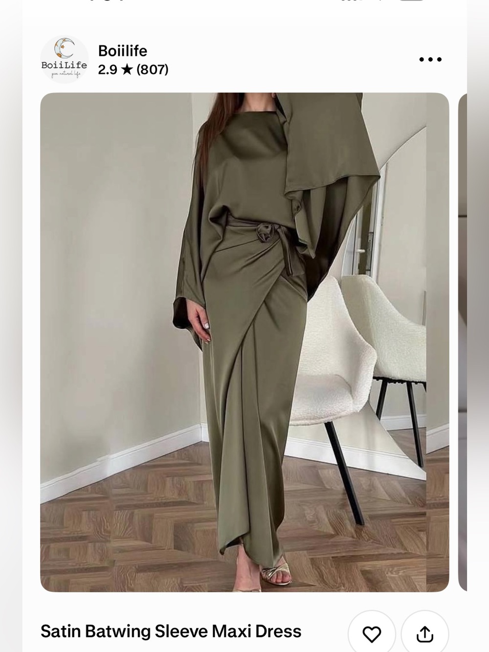 Satin Batwing wrap dress by Boiilife in Olive Brown